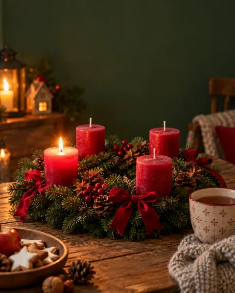 Adventskranz mit Tannengrün und roten Schleifen, eine von vier Kerzen brennt