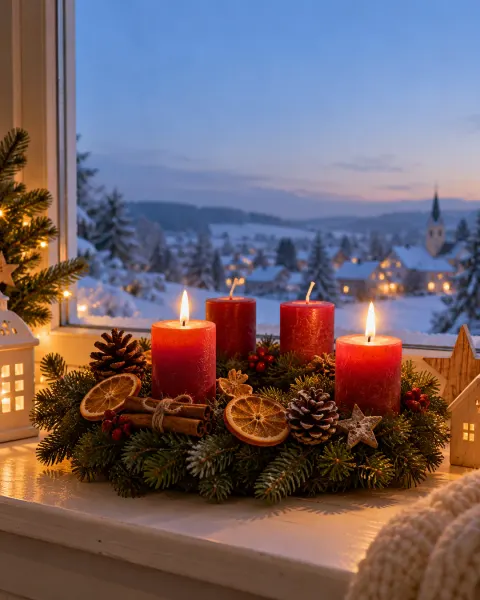 Adventskranz mit Orangenscheiben auf der Fensterbank, zwei Kerzen brennen, draußen liegt Schnee