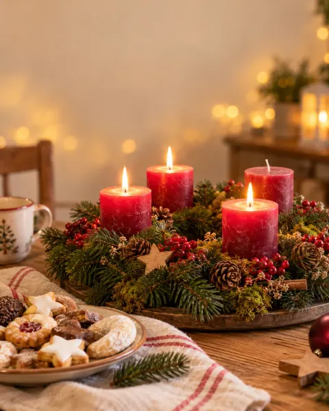 Adventskranz neben einem Teller Plätzchen, drei von vier Kerzen brennen