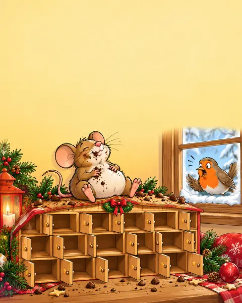 Kugelrunde Maus sitzt auf einem leer gefutterten Adventskalender, ein Rotkehlchen schaut empört durchs Fenster