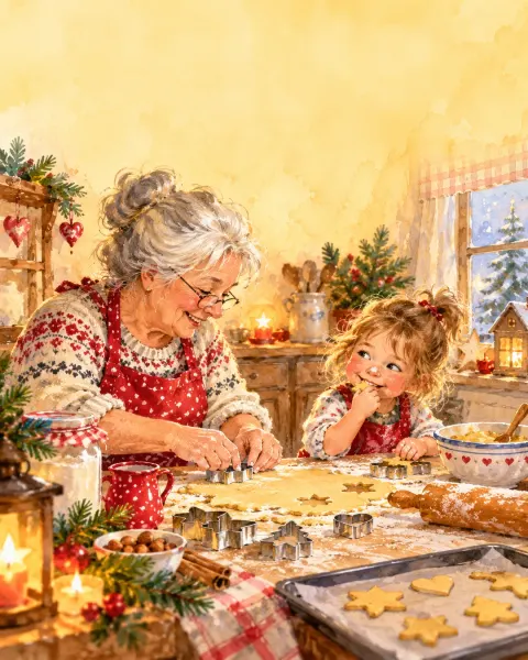 Oma backt mit ihrer Enkelin Plätzchen, die Kleine nascht heimlich vom Teig