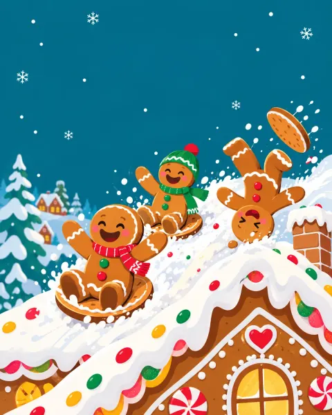 Lebkuchenmännchen rodeln auf Keksen das Zuckergussdach eines Lebkuchenhauses hinunter