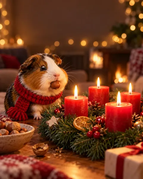 Meerschweinchen mit rotem Schal neben einem Adventskranz, alle vier Kerzen brennen