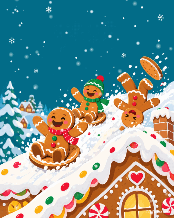 Bewegte Adventskarte: Lebkuchenmännchen rodeln das Dach eines Lebkuchenhauses hinunter, Schnee fällt