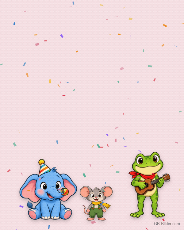 Bewegte Geburtstagskarte: Elefant bläst in eine Tröte, Frosch spielt Ukulele, Maus hüpft, Konfetti fällt