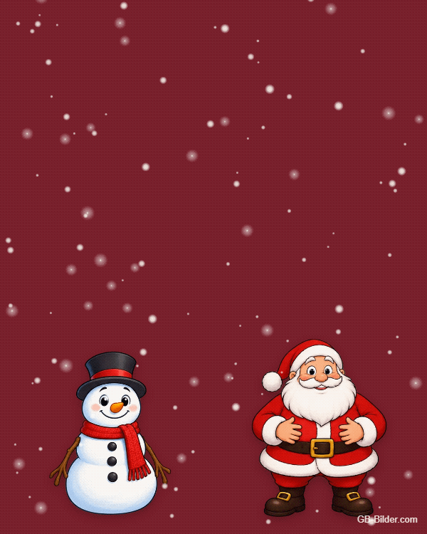 Bewegte Weihnachtskarte: winkender Schneemann und lachender Weihnachtsmann, Schnee fällt