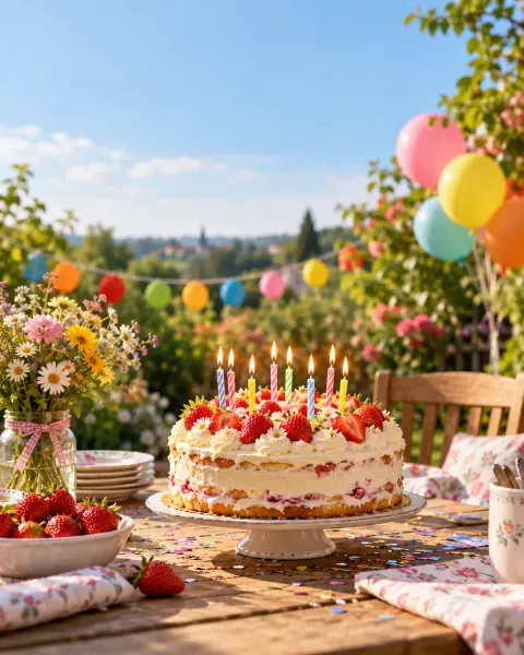 Selbstgebackene Geburtstagstorte mit brennenden Kerzen und Erdbeeren im Garten