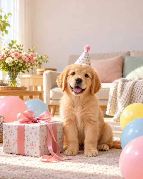 Golden-Retriever-Welpe mit Partyhut neben einem Geschenk