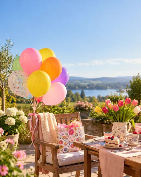 Bunte Luftballons an einem Gartenstuhl mit Tulpen und einem Stück Kuchen