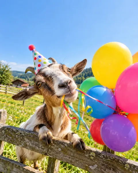 Ziege mit Partyhut knabbert an der Schnur bunter Luftballons