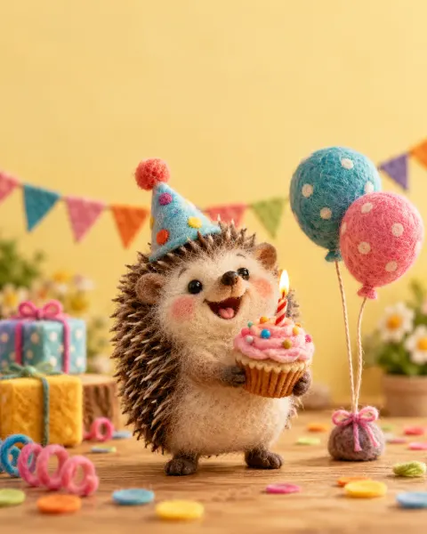 Igel aus Filz mit Partyhut hält einen Cupcake