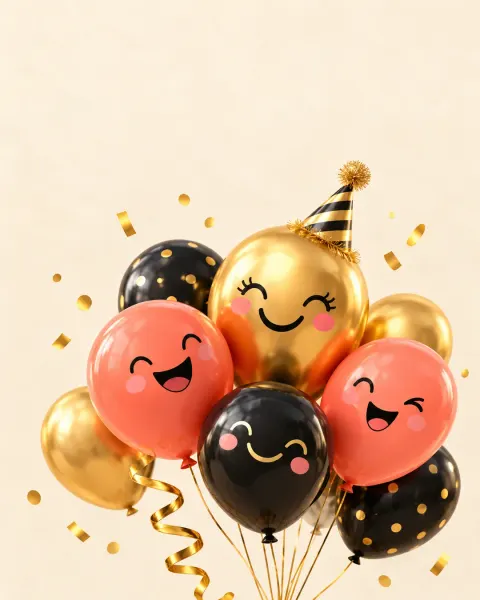 Lachende Luftballons in Koralle, Gold und Schwarz