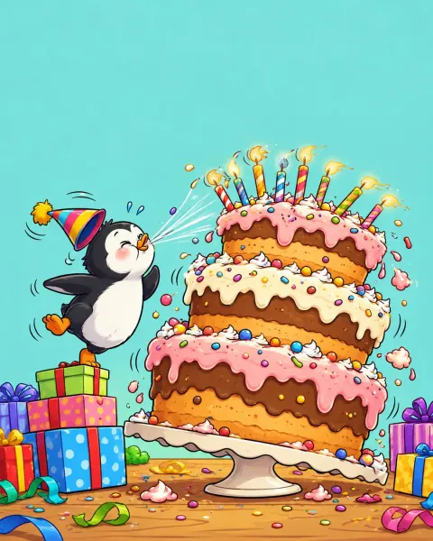 Pinguin pustet gegen die Kerzen einer riesigen Torte