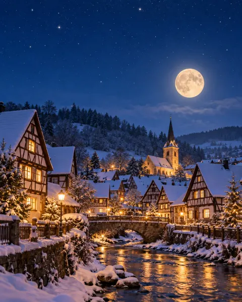 Vollmond über einem stillen Fachwerkdorf mit erleuchteten Fenstern