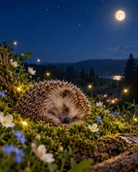 Igel schläft im Moos unter dem Sternenhimmel, Glühwürmchen leuchten