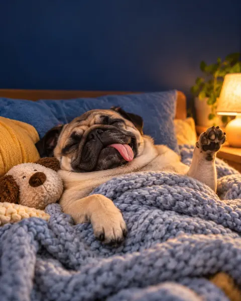 Schnarchender Mops auf dem Rücken mit Zunge draußen unter einer Strickdecke