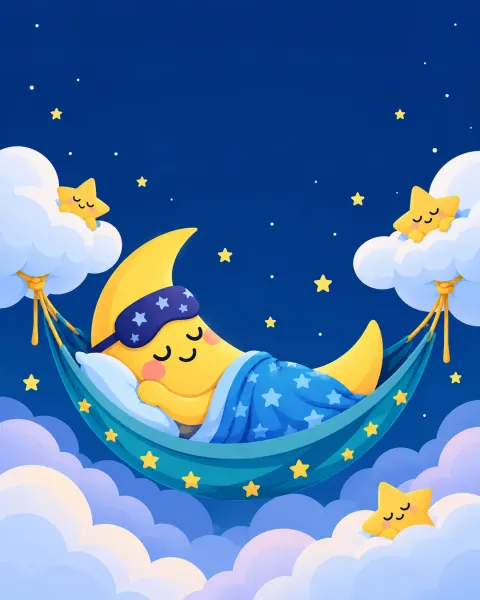 Mond mit Schlafmaske in einer Hängematte zwischen zwei Wolken