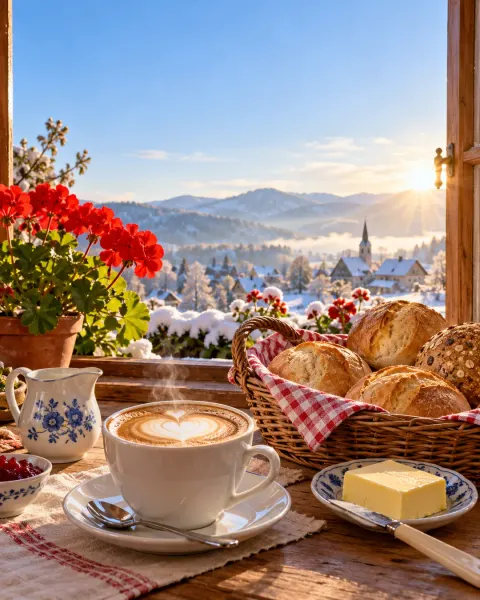 Kaffee mit Milchschaumherz, Brötchen und Geranien am offenen Fenster