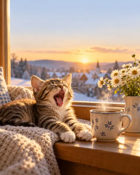 Gähnendes Tigerkätzchen auf der sonnigen Fensterbank neben einem Kaffeebecher