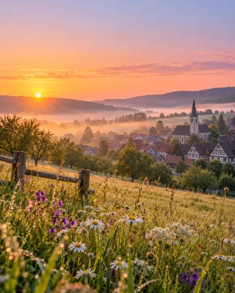 Sonnenaufgang über einer nebligen Wiese mit Fachwerkdorf