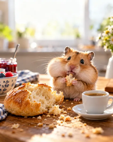 Hamster mit vollen Backen am Frühstückstisch