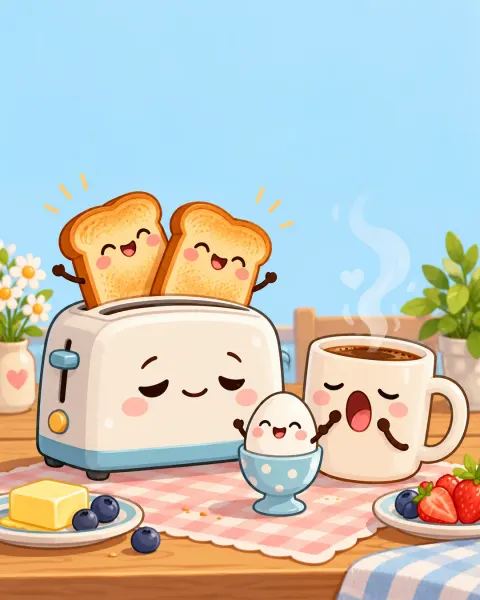 Verschlafener Toaster, gähnender Kaffeebecher und Ei mit Gesichtern