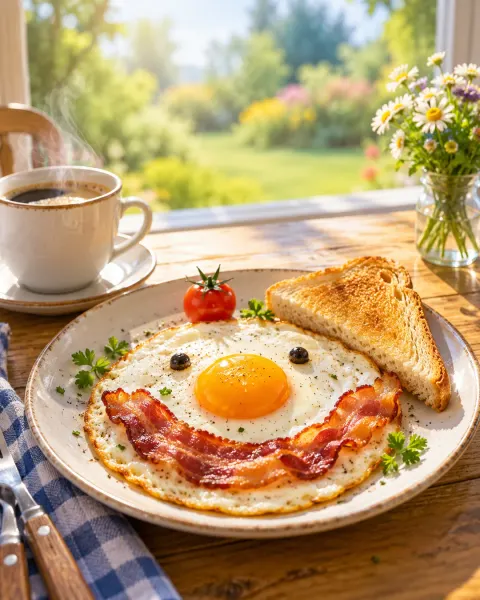 Frühstücksteller, auf dem Spiegelei und Speck ein Grinsegesicht bilden