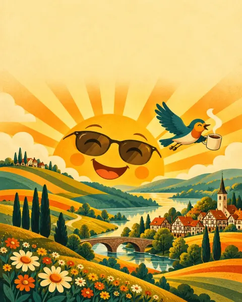 Sonne mit Sonnenbrille geht über Hügeln und einem Fachwerkdorf auf