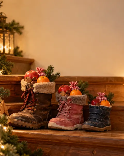 Drei Kinderstiefel mit Äpfeln und Mandarinen auf der Holztreppe