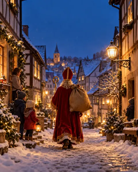 Nikolaus mit Sack geht von hinten gesehen durch eine verschneite Fachwerkgasse