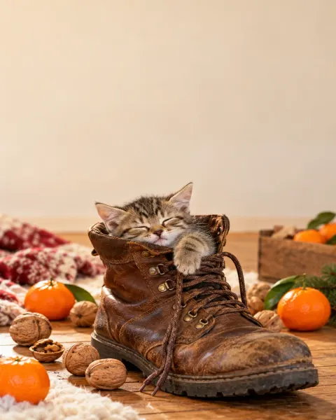 Tigerkätzchen schläft in einem alten Lederstiefel zwischen Walnüssen und Mandarinen