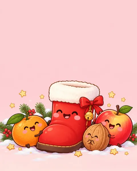 Lachender roter Stiefel, daneben Mandarine, Walnuss und Apfel mit Gesichtern