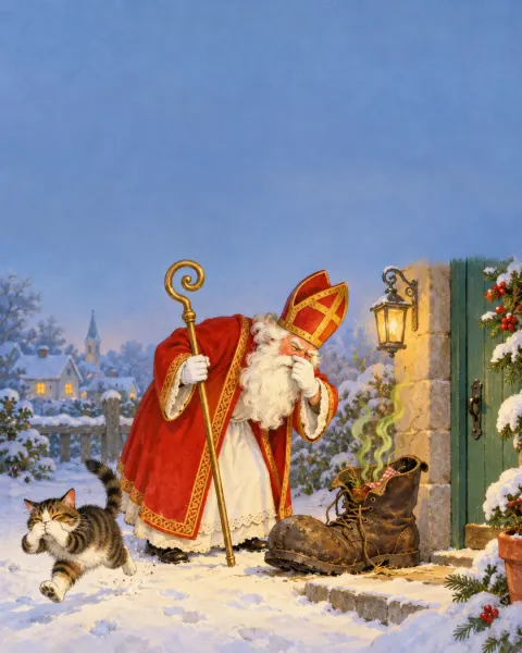 Nikolaus hält sich vor einem stinkenden Stiefel die Nase zu, eine Katze flüchtet