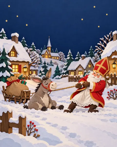 Esel sitzt störrisch im Schnee, der Nikolaus zieht am Seil, dahinter ein verschneites Dorf