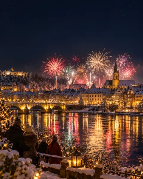 Feuerwerk über der verschneiten Altstadt, die Lichter spiegeln sich im Fluss