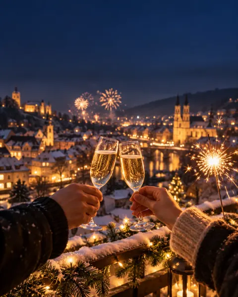 Zwei Hände stoßen mit Sekt an, dahinter eine Stadt voller Lichter