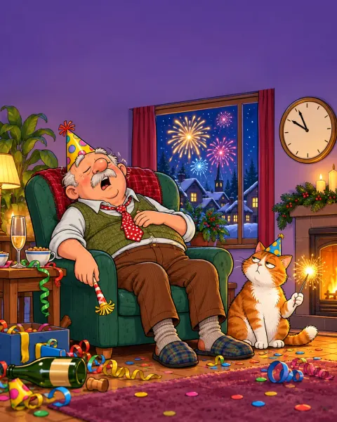 Opa mit Papierhut schnarcht im Sessel, die Katze hält eine Wunderkerze, draußen Feuerwerk