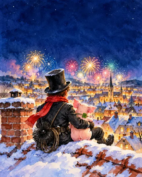 Schornsteinfeger sitzt mit Glücksschwein auf dem Dach und schaut aufs Feuerwerk