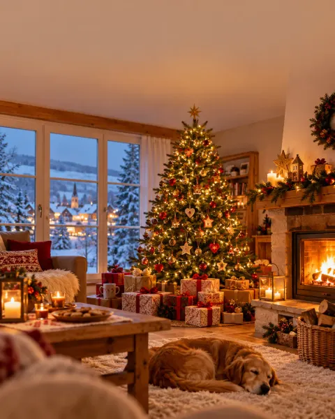 Geschmückter Christbaum mit Geschenken im Wohnzimmer, der Kamin brennt