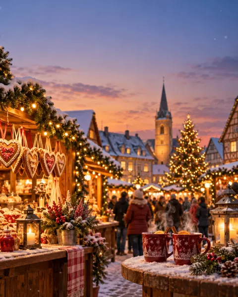 Weihnachtsmarkt in der Dämmerung mit Lichterketten und leichtem Schneefall