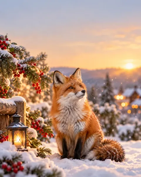 Rotfuchs sitzt im Schnee zwischen Tannenzweigen