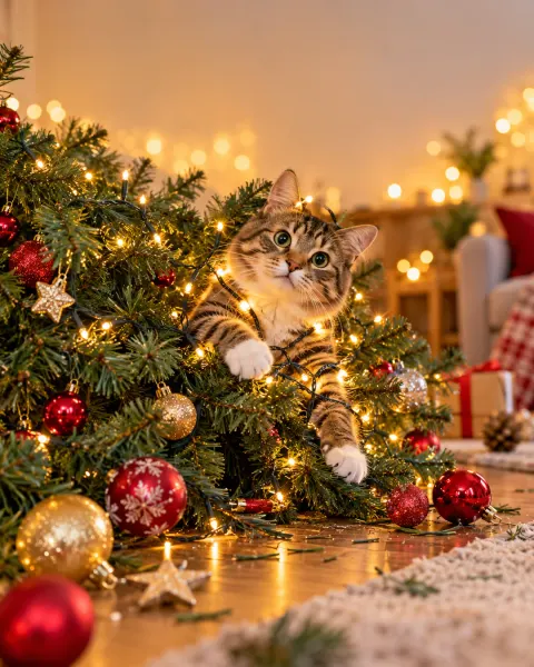 Tigerkatze sitzt im Christbaum und hat sich in der Lichterkette verheddert