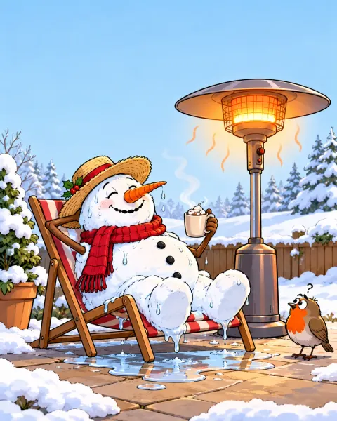 Schneemann im Liegestuhl unterm Heizpilz schmilzt zufrieden vor sich hin