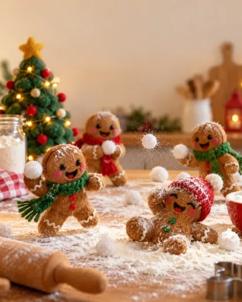 Lebkuchenmännchen aus Filz machen eine Schneeballschlacht auf dem Küchentisch