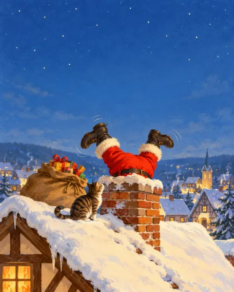 Weihnachtsmann steckt kopfüber im Kamin, eine Katze schaut zu
