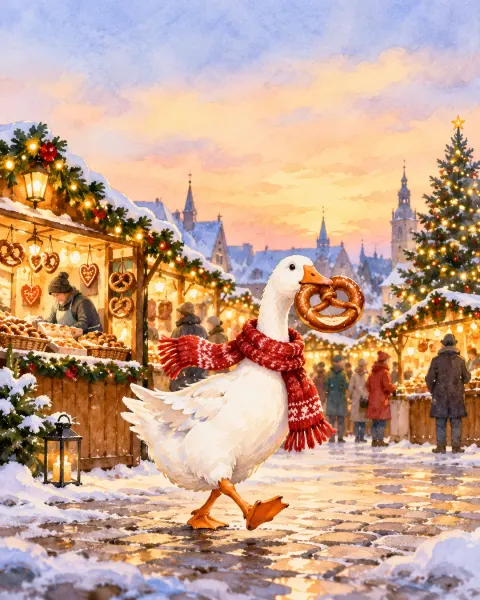 Gans mit rotem Schal schleicht mit einer Brezel im Schnabel vom Weihnachtsmarkt