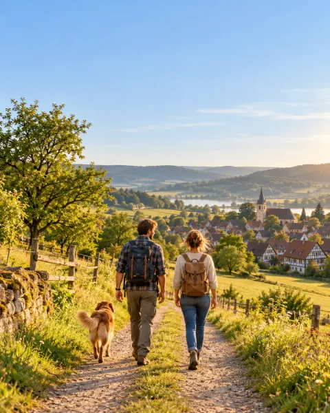 Zwei Menschen wandern mit ihrem Hund auf einem Feldweg zu einem Fachwerkdorf