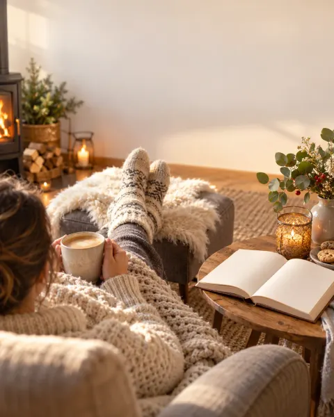 Füße in dicken Wollsocken hochgelegt, dazu ein Kaffee und ein aufgeschlagenes Buch