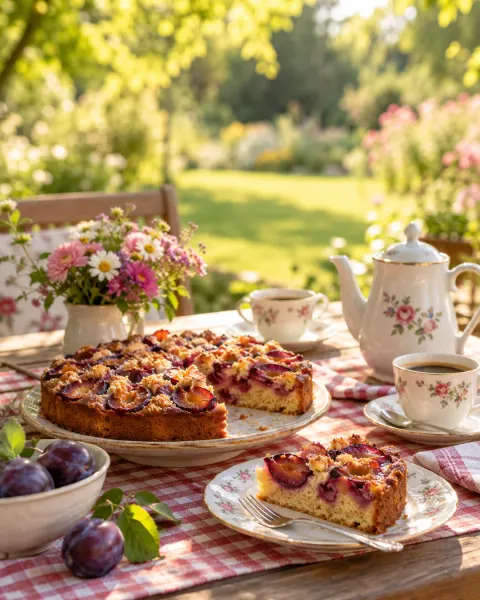 Pflaumenkuchen und Kaffee auf dem Gartentisch in der Nachmittagssonne