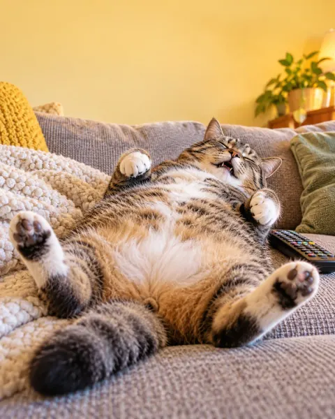Dicke Tigerkatze liegt rücklings auf dem Sofa, alle vier Pfoten in der Luft